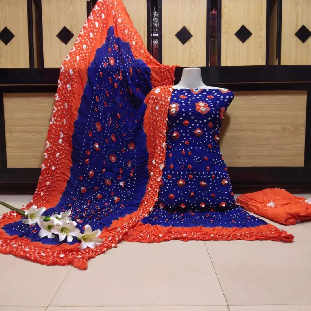 "Handmade Linen Chunri Suit – Premium 3 Piece Traditional Wear with Authentic Hand-Dyed Patterns"