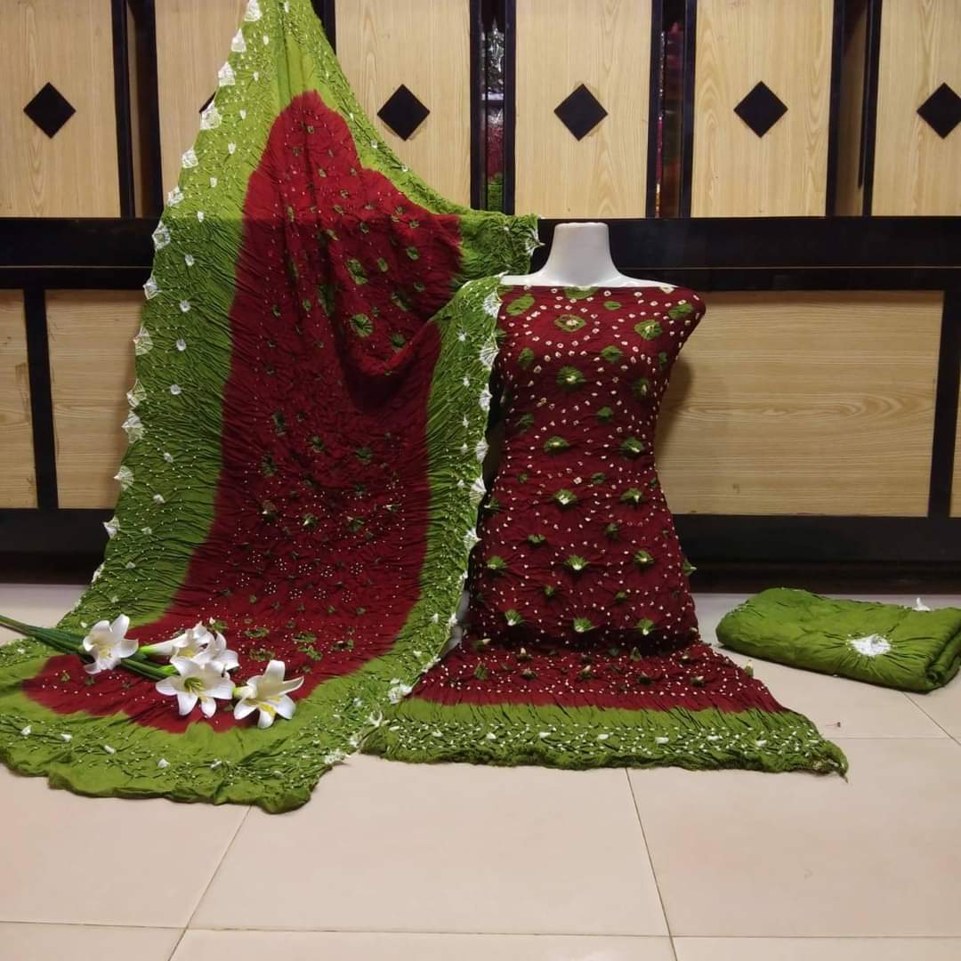 "Handmade Multicolour Linen Chunri 3 Piece Suit