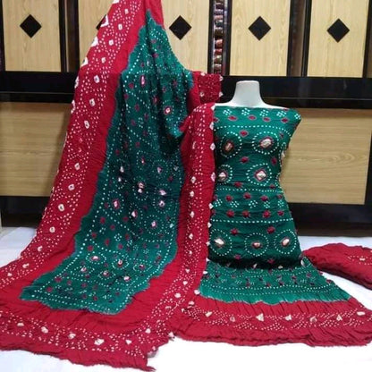 "Handmade Multicolour Linen Chunri 3 Piece Suit