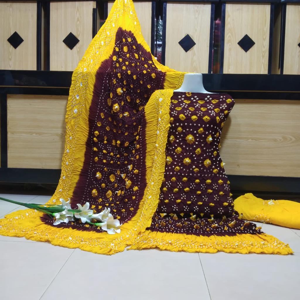 "Handmade Linen Chunri Suit – Premium 3 Piece Traditional Wear with Authentic Hand-Dyed Patterns"