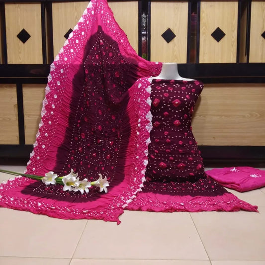 "Handmade Linen Chunri Suit – Premium 3 Piece Traditional Wear with Authentic Hand-Dyed Patterns"