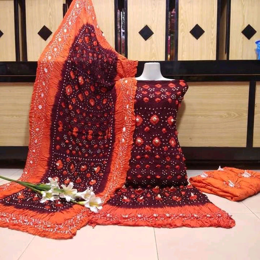 "Handmade Linen Chunri Suit – Premium 3 Piece Traditional Wear with Authentic Hand-Dyed Patterns"