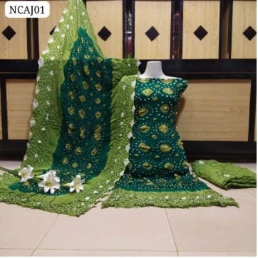 "Handmade Multicolour Linen Chunri 3 Piece Suit