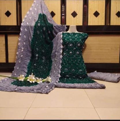 "Elegant Linen Chunri 3 Piece Suit – Authentic Hand-Dyed Design"