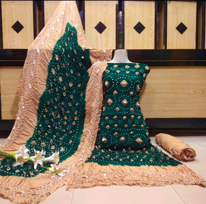 "Elegant Linen Chunri 3 Piece Suit – Authentic Hand-Dyed Design"